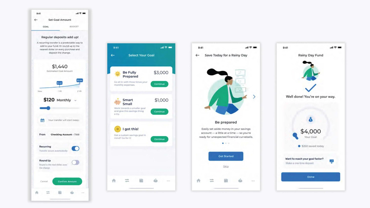 Mobile savings goal and rainy-day fund screens