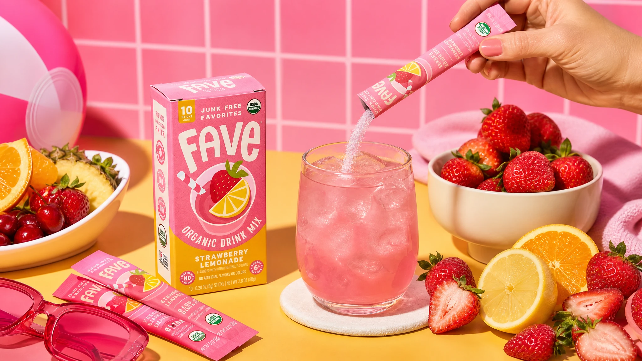 Fave Strawberry Lemonade product creative showing a packet poured into a glass beside the package