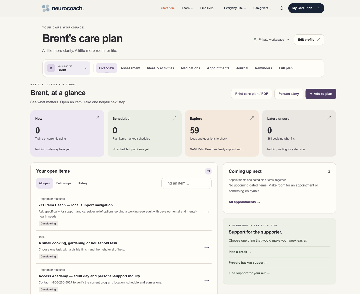 NeuroCoach care-plan workspace with priorities, open items, appointments, and caregiver support.